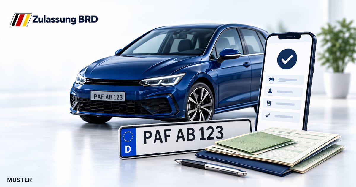 Online Fahrzeugzulassung in Pfaffenhofen a.d.Ilm: Musterkennzeichen PAF AB 123, Auto und Fahrzeugpapiere und Smartphone. Illustration mit Logo von Zulassung BRD.